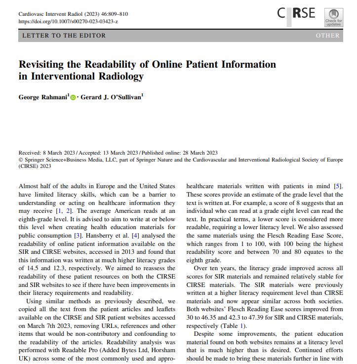 CVIR Journal (@cvir_journal) on Twitter photo Read now in CVIR 📖
Revisiting the Readability of Online Patient Information in #InterventionalRadiology
link.springer.com/article/10.100…
<a href="/lahinchman/">gerry osullivan</a> Read now in CVIR 📖
Revisiting the Readability of Online Patient Information in #InterventionalRadiology
link.springer.com/article/10.100…
<a href="/lahinchman/">gerry osullivan</a>