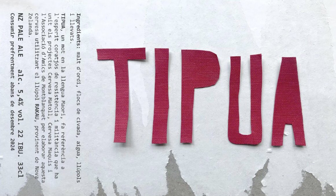 montblanquet's tweet image. Us presentem l’etiqueta de TIPUA! La cervesa NZ Pale Ale que hem produït entre #cervesamaquis, @montblanquet i @CervesaMatoll.

La podreu provar a la Festa Major de Montblanquet!

El disseny de l’etiqueta és un #collage de @AlmirallSerra maquetat per @Ariusaran