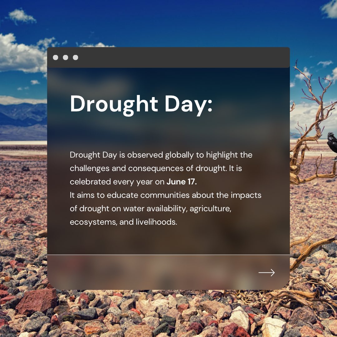 #DroughtDay is celebrated every year in #June17 to highlight #Challenges and #Consequences of #Drought. 🌍🌱💚

It aims to educate #Communities about the impacts of #Drought on #Water, #Agriculture, #Ecosystems and #Livelihoods. 💚🌱🙌

#United4Land #HerLand #Youth4Land