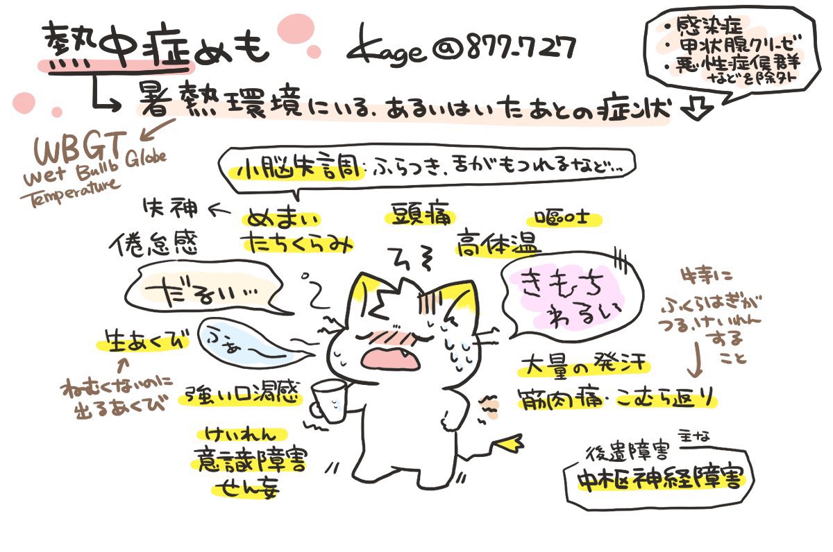 【熱中症めも】暑い日が続くので予防が大切🙌 ・高温・多湿の環境で全身に起こる急性期症状を熱中症という(いろいろな症状がおこる) →体内の熱の産生と放散のバランスが崩れて体温が著しく上昇しておこる ・暑さ指数(WBGT)は環境省の熱中症予防サイトでチェックできる 