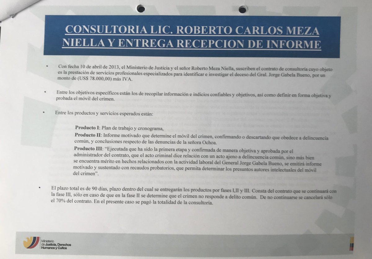VillaFernando_'s tweet photo. URGENTE| En este informe elaborado por Lady Zuñiga, exministra de Justicia del prófugo 
@MashiRafael se explica con claridad algo lapidario: el tercer informe (Producto III) solo debía realizarse cuando “… el acto criminal dice relación con un acto ajeno a delincuencia común, sino más bien se encuentra mérito en hechos relacionados con la actividad laboral del General Jorge Gabela Bueno, se emitirá informe motivado y sustentado con recaudos probatorios, que permita determinar los presuntos autores intelectuales del móvil del crimen”. Es decir, el crimen no fue por delincuencia común. En el informe que desapareció de manos de funcionarios del gobierno de Correa, constaban los nombres de los autores intelectuales del asesinato de Gabela. Pronto revelaré todo este documento.