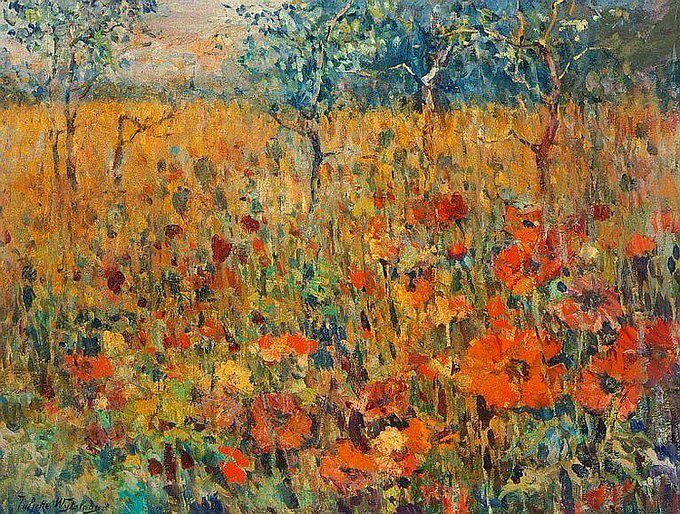 Trees in a meadow with poppies in bloom, c.1905 by Juliette Wytsman, Belgian impressionist painter #WomensArt