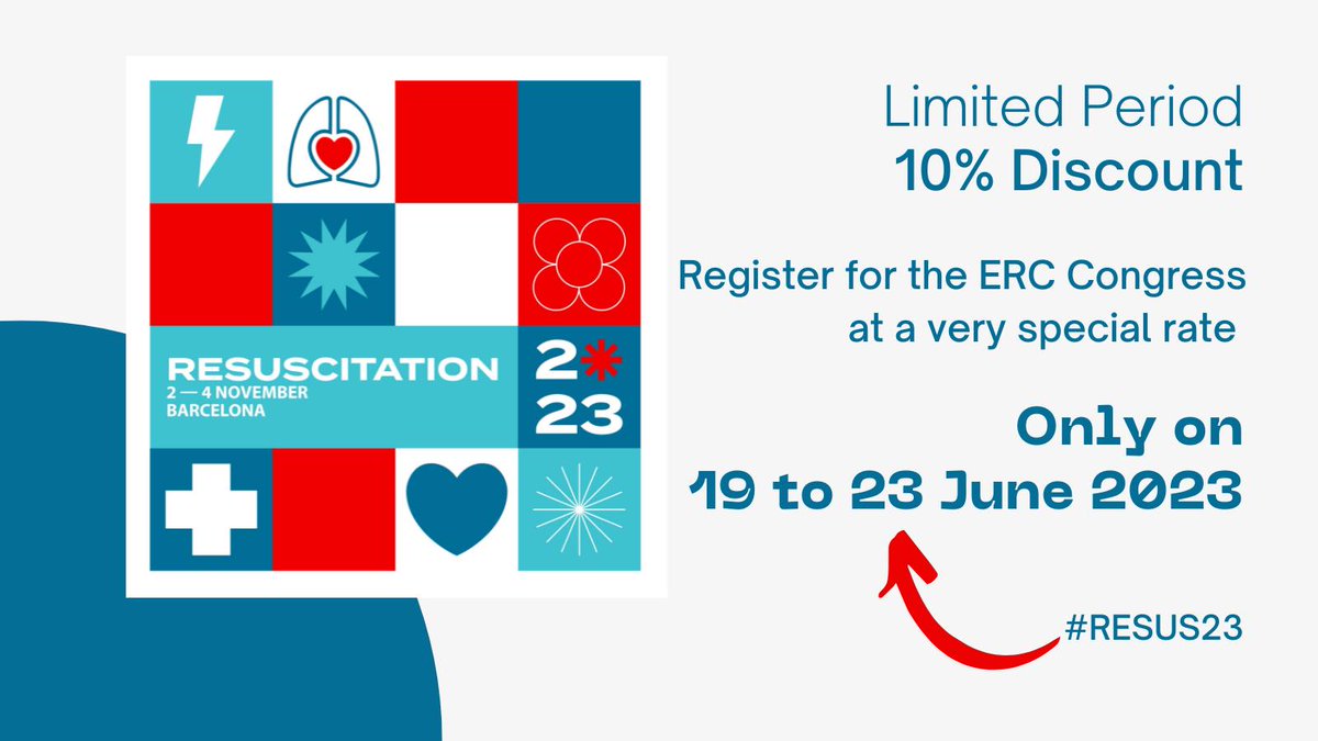 Check the #ERC social media channels regularly for a 10% discount voucher. The offer will be valid only on 19-23 June 2023. 
Don't miss this opportunity to join us; register to #RESUS23.
#CPR #cprtraining #StrongerTogether #medicalcongress #resuscitation #savelives #RestartAHeart