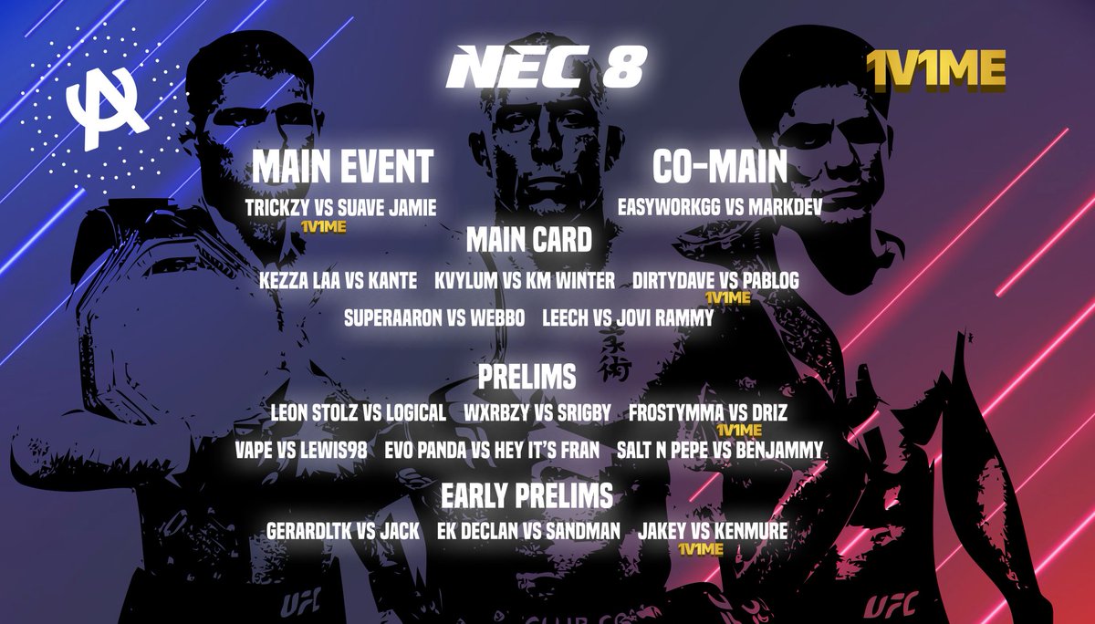 NEC #08 about to drop! First ever #staked MAIN EVENT! - Only available at 1v1me.com courtesy of the <a href="/1v1Me/">1v1Me</a> team.

<a href="/SwifttTricks/">BFAP Trickyswifts</a>  vs <a href="/Suave_Jamie/">Suave Jamie 🇮🇪</a> - Who will you be backing? 

Tune in to #NEC Sunday's 19:00 BST - twitch.tv/jakeyb183 &amp; youtube.com/@nugsau