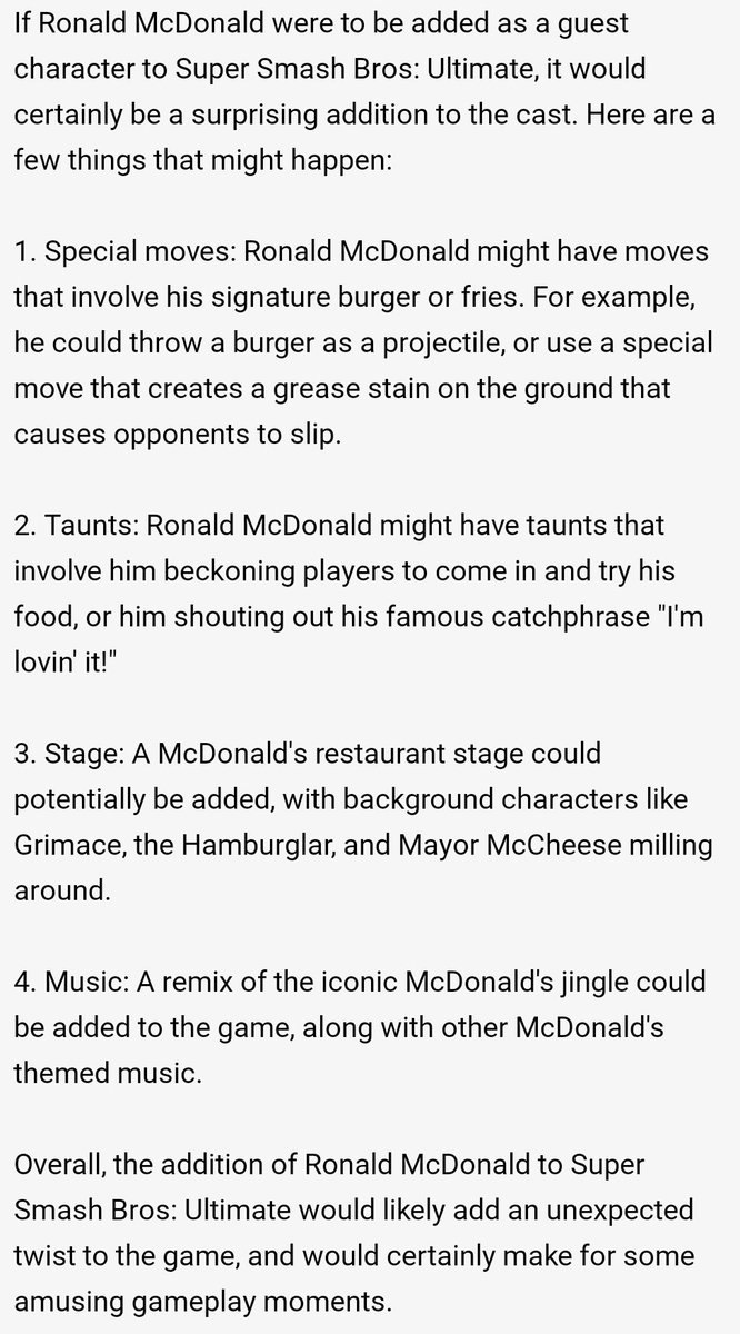 Here's what it would be like if Ronald McDonald was in Super Smash Bros: Ultimate as a playable guest character. #ChatGPT #RonaldMcDonald #McDonalds #SuperSmashBrosUltimate