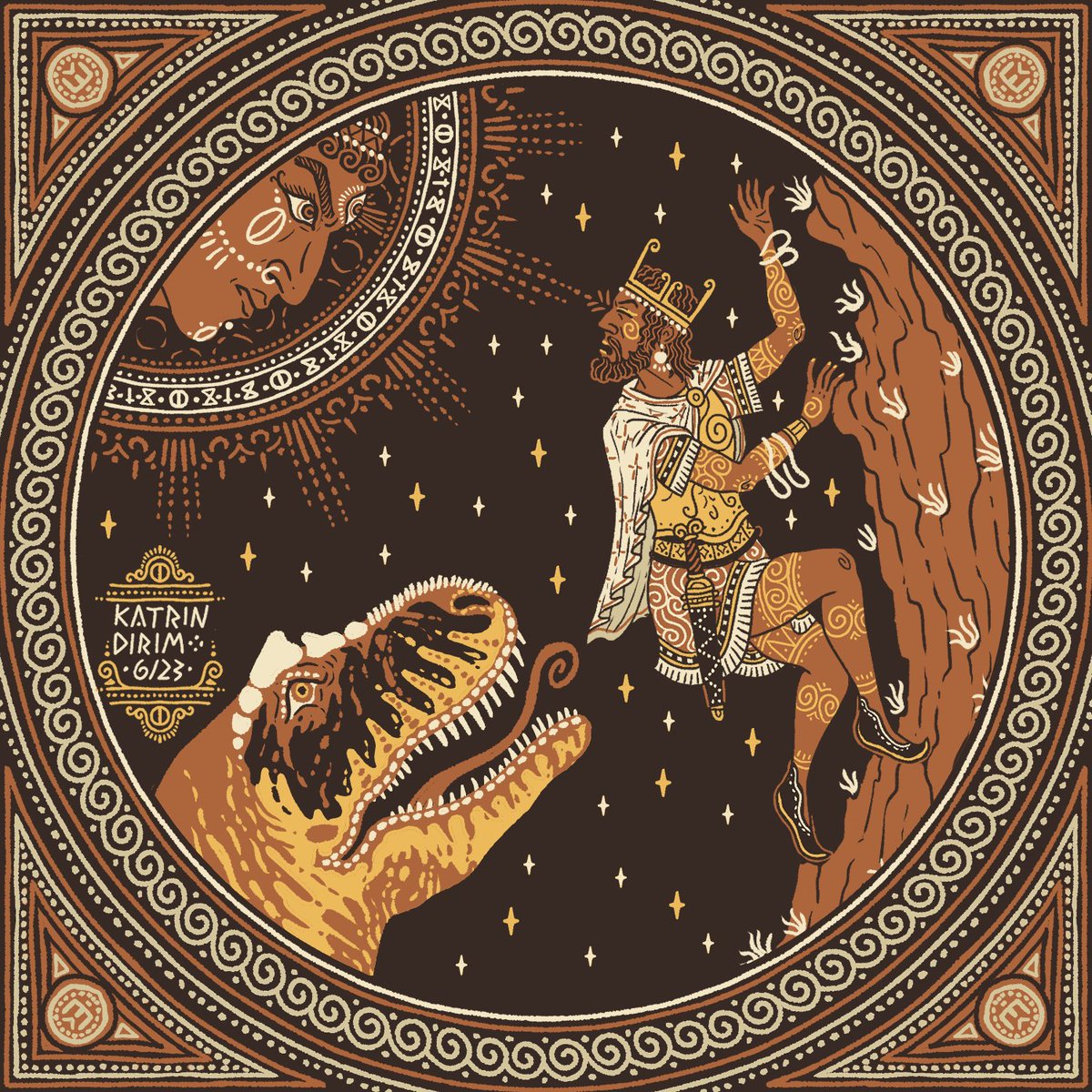 KleiosCanvas's tweet image. The death of Prince Terasarin of Sartar, who &quot;was killed when a stray moonbeam blinded him as he climbed a cliff to escape a hungry dinosaur.&quot;