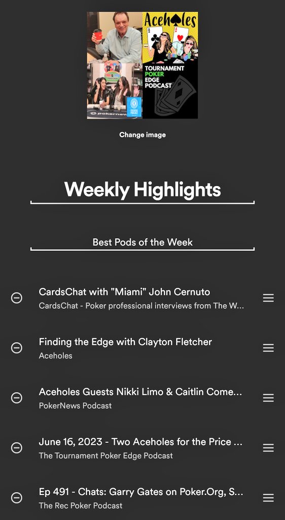 Weekly Highlights @spotifypodcasts Playlist:

@CardsChat - @MiamiJohnC
@AceholesPod - @claytoncomic
@PokerNews - @AceholesPod
@TournPokerEdge - @AceholesPod
@RecPoker - @GarryGates

Listen: open.spotify.com/playlist/0TJTe…
#pokerlife #podlife