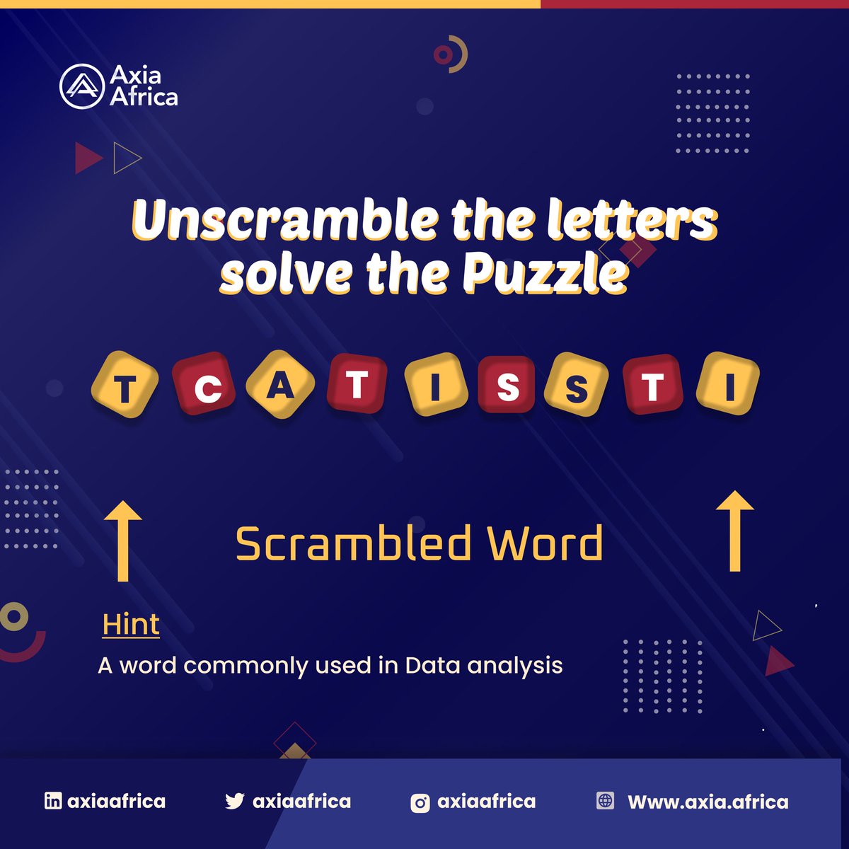 Techies 👩‍💻 
Get in here! ☺️😮‍💨

How fast can you unscramble this ?? 
Hint: Data Analytics 😉😉

Let’s see who gets it. 😁

#Axiaafrica 
#Shapeyourfuture