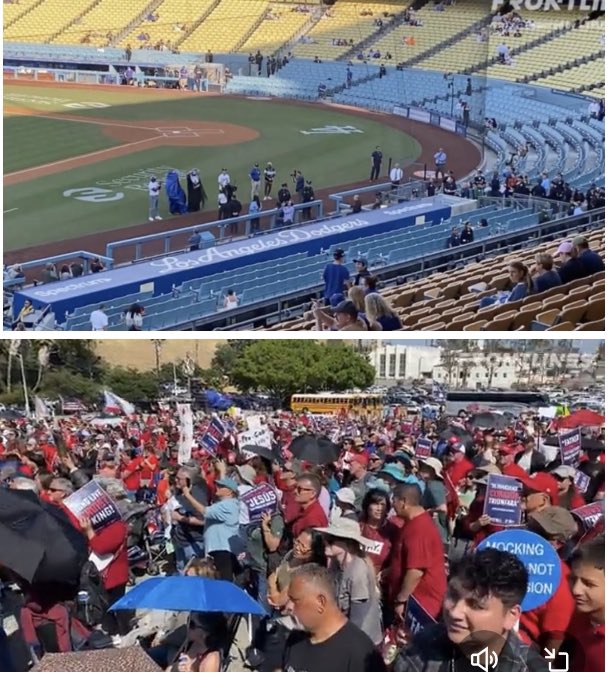 The crowd that showed up to the stadium to honor the “sisters of perpetual indulgence “ vs the crowd that came to honor Jesus outside the dodgers  stadium last night ….. This is how we fight back !!