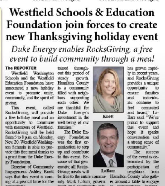 A shoutout to <a href="/DukeEnergy/">Duke Energy</a> Foundation…<a href="/wwsweb/">WWS</a> &amp; <a href="/WWSWEF/">Westfield Education Foundation</a> will host RocksGiving on Mon, Nov 20. This new event for @HamCoIndiana will offer a free holiday meal &amp; community connection. RocksGiving is possible due to the generosity of a grant from the Duke Energy.
#westfieldindiana