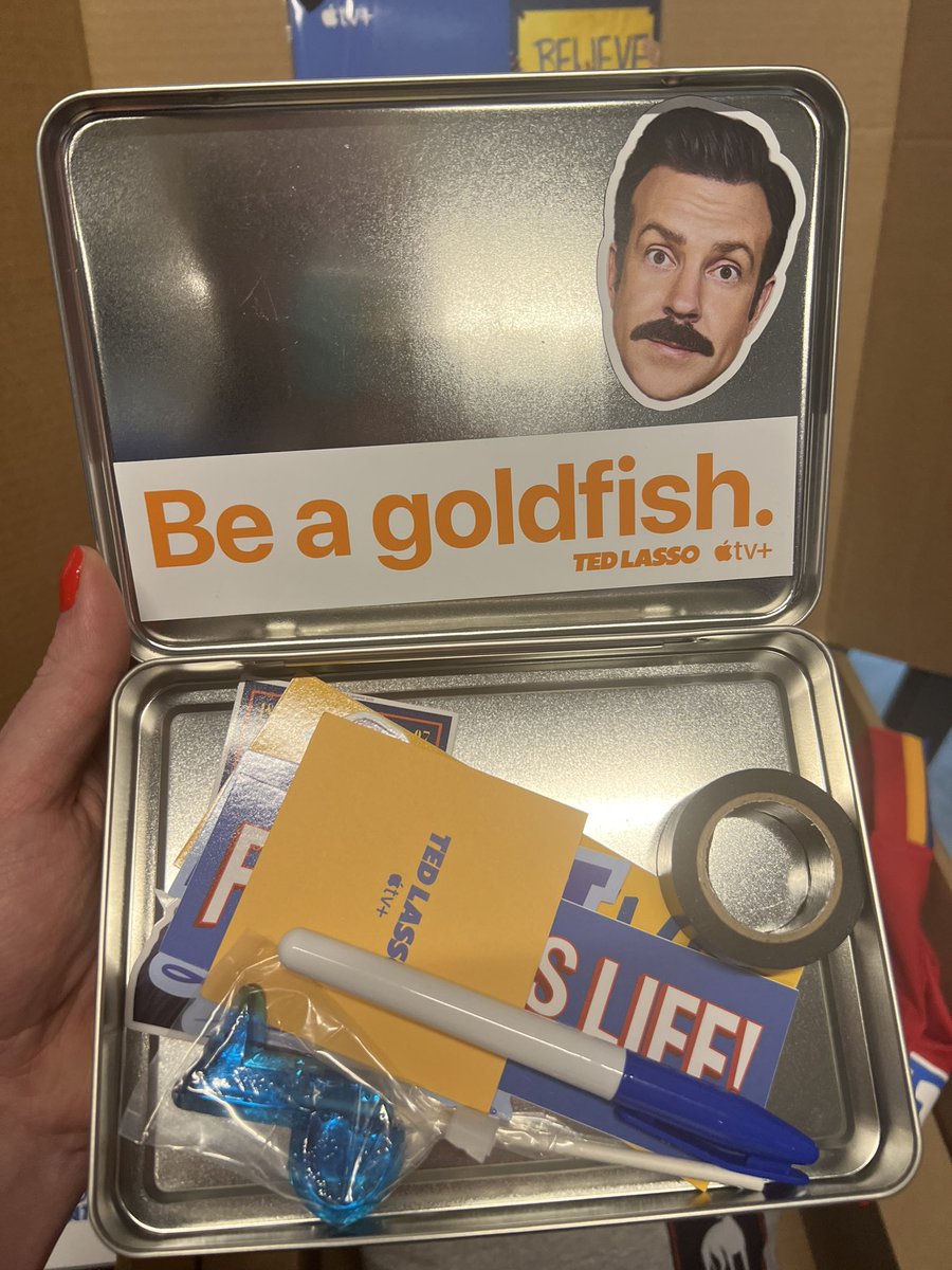 cmclymer's tweet photo. Damn, @AppleTV. Y’all have really outdone yourselves with this Ted Lasso finale swag. Blown away and getting weepy all over again. 😭💜

#BeAGoldfish https://t.co/wrWJZbuLic