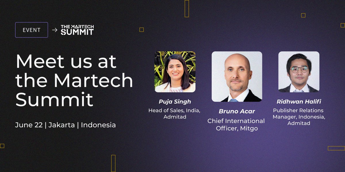 🔥Less than a week to go! Admitad will be exhibiting at The MarTech Summit at the Mandarin Oriental, Jakarta on June 22!

Puja Singh, Head of Sales, India, Admitad
Bruno Acar, Chief International Officer, Mitgo
Ridwan Halifi, Relations Manager, Indonesia, Admitad