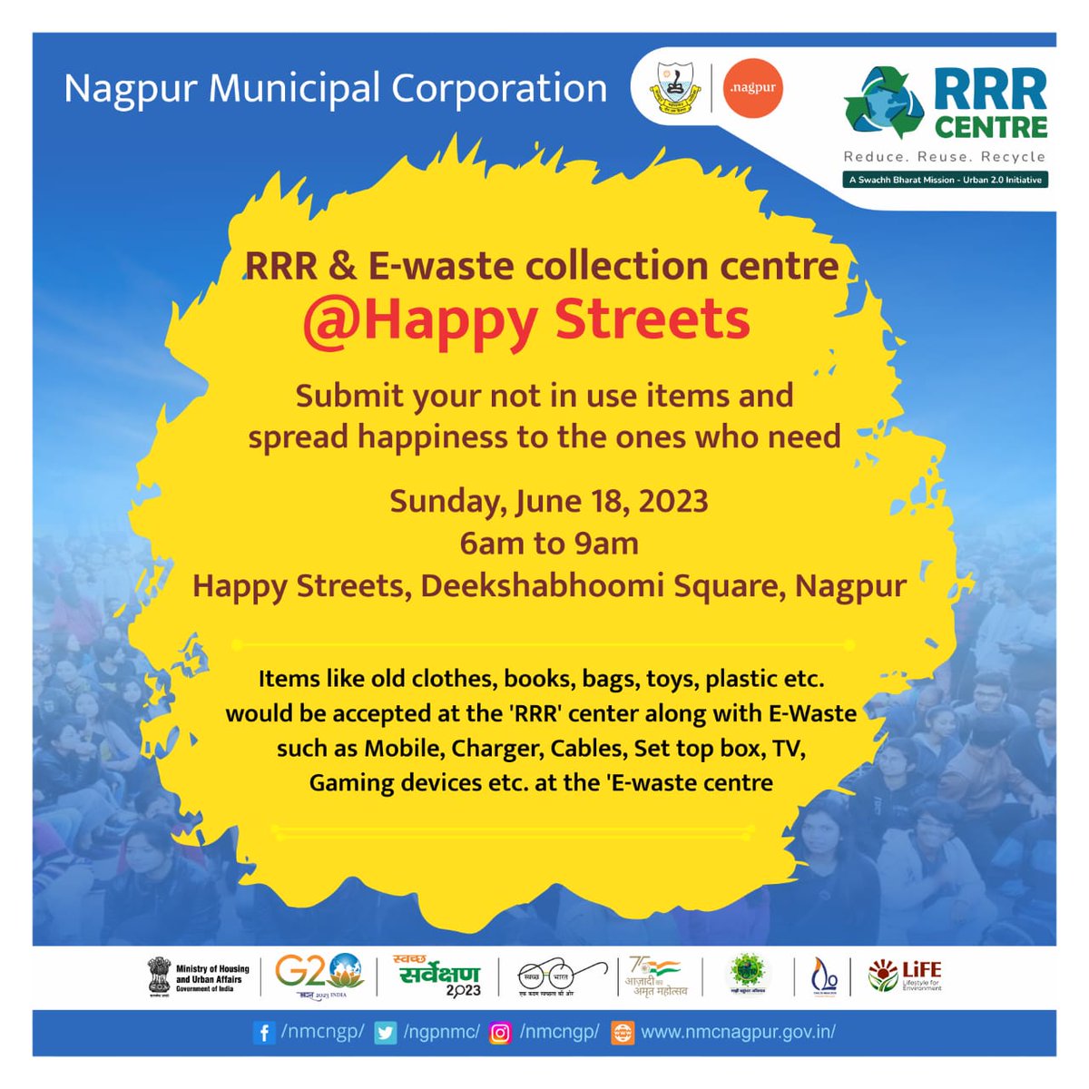 #RRR & #Ewaste collection centre at #Happy_Streets
Submit your not in use items and spread happiness to the ones who need.

#reuse #Recycle #reduce #MeriLiFE #RRR4LiFE #ChooseLiFE #IndiaVsGarbage #MeraSwachhShehar #nmc #nagpur #nagpurcity #माझीवसुंधरा