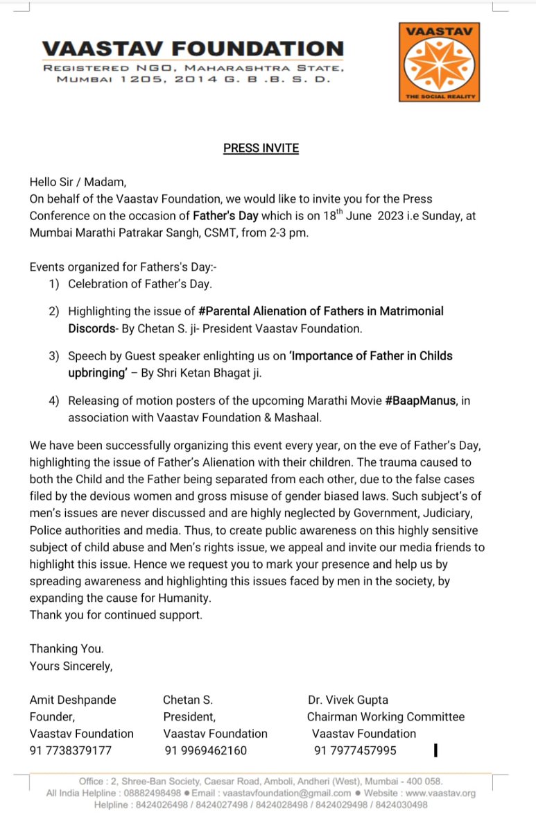 #PressRelease for #FathersDay2023

#HappyFathersDay to all the fathers. 

#FathersAreAwsome 

#FathersLove cannot be repaid back by anyone. 

Let us celebrate #FathersDayWithVaastav 
#BaapManus 

@ketanbhagat1 @jogpushkar @AshishWarang72 @vijaypatkar29  @TV9Marathi @HTMumbai