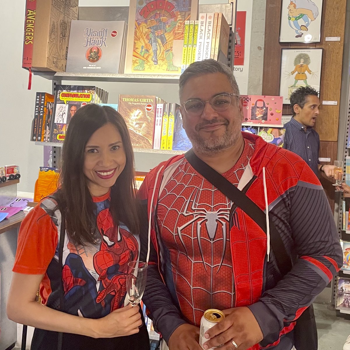 Face it. You can't handle this hotness. (It's the only reason why there's an exclusion zone around us here.)

Joking aside, @nikeshshukla wrote a frickin' Spider-Man comic! Few people have done more to bring others up with them so I was chuffed to raise a glass to him last night.