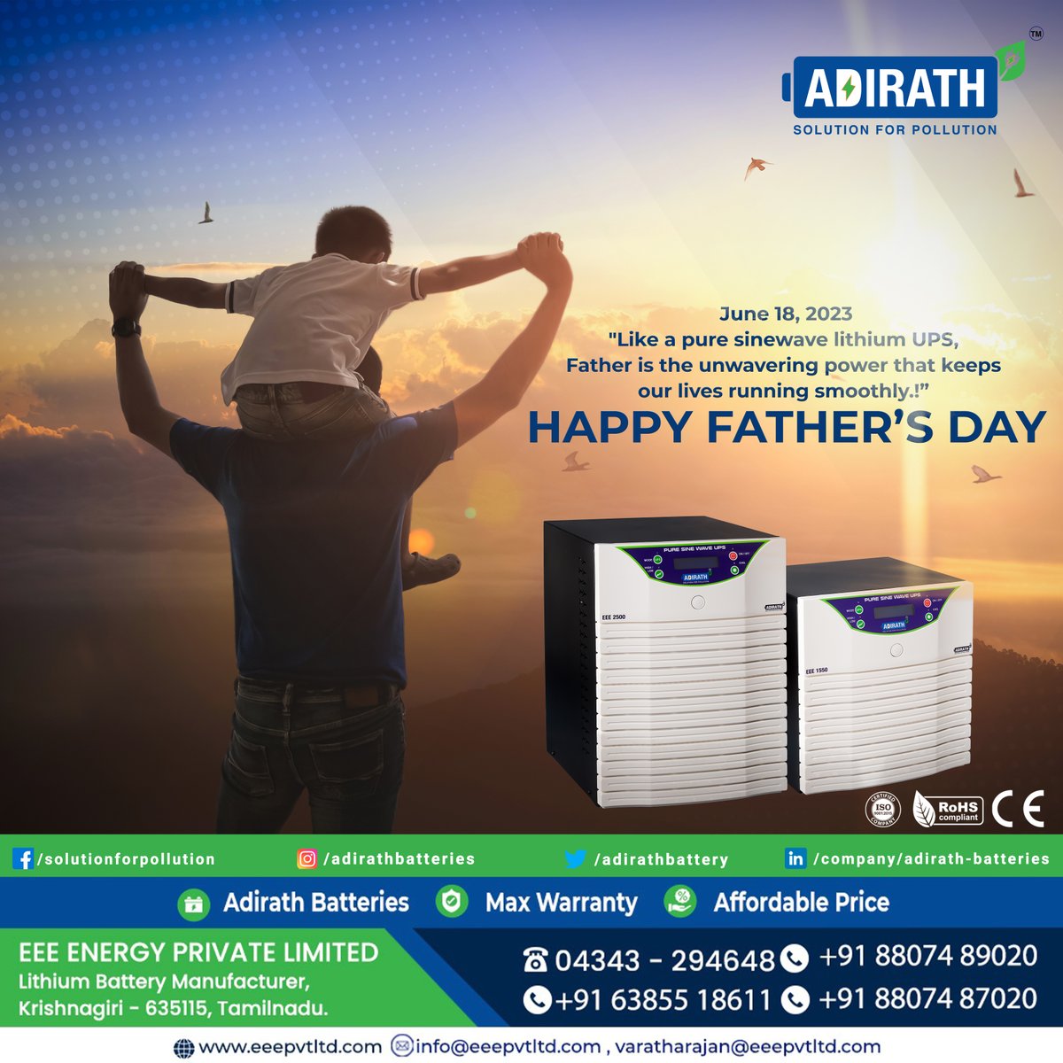 'Like a pure sine wave Lithium UPS, Father is the unwavering power that keeps our lives running smoothly. #HappyFathersDay!'

#Adirath #adirathbatteries #Lithiumionbattery #lithiumbattery #lithium #Lithiumion #lithiumbatteries #Renewableenergy #battery #batterypack