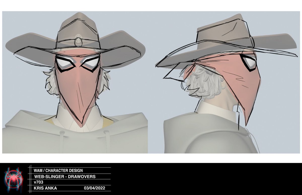 This is honestly kind of a good time to mention  that a lot of my time was spent doing drawing overs, or that designs are just based on tweaking previous models. 
But regarding Webslinger, I added a little Pedro Pascal to a Peter model