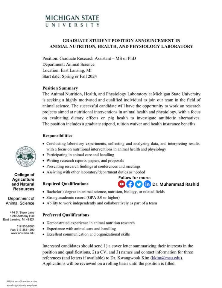 MS / PhD Position available in Michigan State University, USA 🇺🇸 

#scholarships #oppurtunities #jobs #research #ms #mphil #PhD #animalscience #veterinarycareers #veterinaryjobs #nutritioneducation #biology #agriculture #agriculturalscholarship #agrischolarship  #studyinusa
