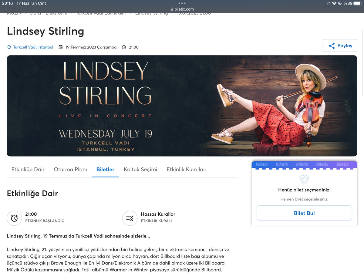 Ben sadece konsere gitmek istemiştim keman dinlemek için 1500 2000 tl istememeleri lazım. #lindseystirling #pahalı #help