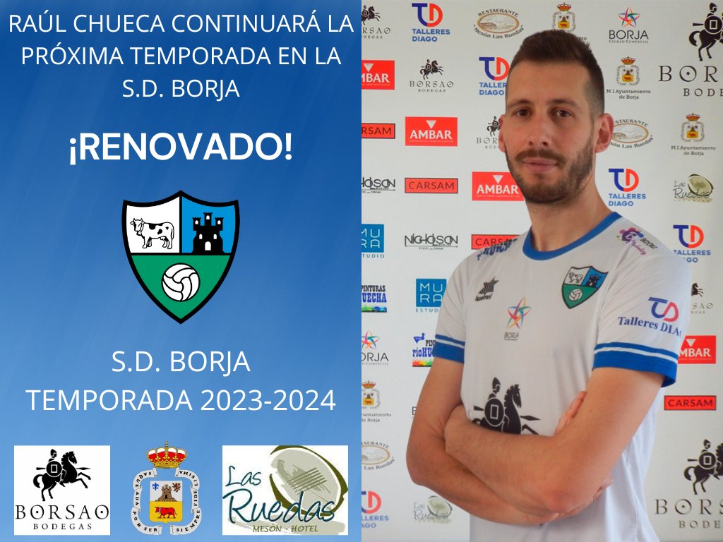 OFICIAL: Raúl Chueca renueva con la S.D. Borja. El delantero navarro seguirá deleitando a nuestra afición con su calidad y sus goles y continuará siendo uno de nuestros capitanes en la vuelta a Tercera. Encantados de seguir contando contigo, <a href="/RaulChue/">Raúl Chueca</a>.