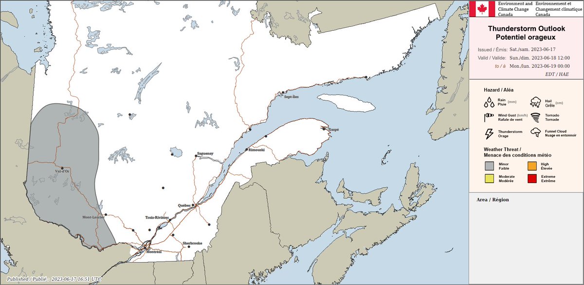 Voici la carte du potentiel orageux pour le Québec valide dimanche, le 18 juin 2023.

Tout dommage peut être signalé à Environnement et Changement climatique Canada par courriel à meteoQC@ec.gc.ca ou sur Twitter avec le mot-clic #meteoQC.