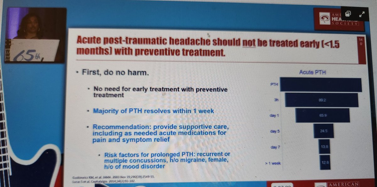 So much work to still be learned about treating #posttraumatic #headache/ #concussion. Dr. @AmaalStarlingMD discusses lack of evidence. She also shared that w/ postconcussive POTS, #headache is the 2nd most common sx of post-traumatic POTS. #AHSAM @ahsheadache @WNGtweets