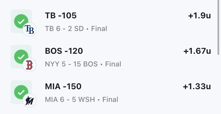 🚨VIP GOES 3-0🚨
📈+4.90u

✅Boston Red Sox ML
✅Tampa Bay Rays ML
✅Miami Marlins ML

🧹🧹VIP with yet another sweep🧹🧹

📲Click the link in our bio to start winning with us today

#GamblingTwitter