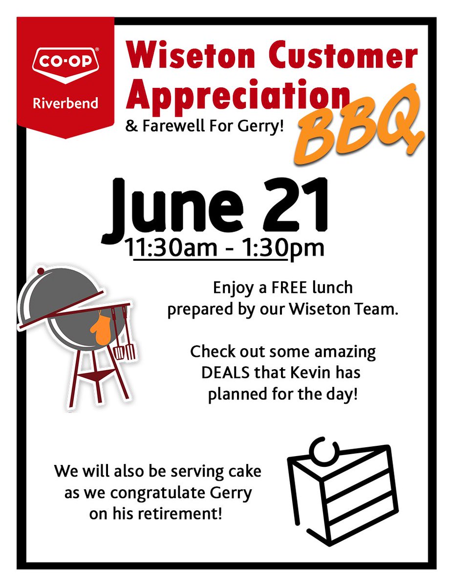 We'll be hosting our annual appreciation BBQ in Wiseton on June 21. This year comes with a twist... we're also saying farewell to Gerry who is set to retire at the end of June. 🎉 

Join us for lunch, cake, and good times on Wednesday.