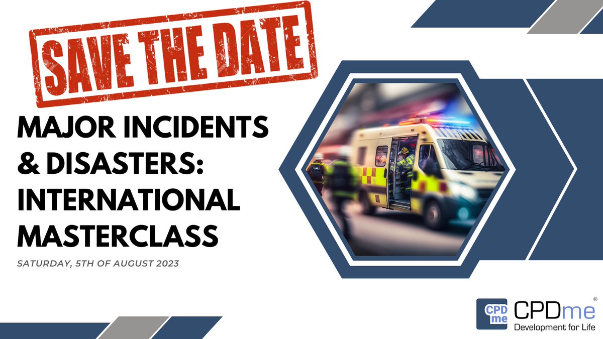 🚨 Don't miss out on CPDme's symposium on "Major Incidents &amp; Disasters: International Masterclass"🌍🌪️🔥 on the 5th of August! Join us with <a href="/DrLindaDykes/">Dr Linda Dykes has moved to Bluesky</a>, <a href="/UKROBL1/">UKROBL Rob Lawrence</a> and co. and prepare yourself for any emergency situations🏥🚑 Get your tickets today bit.ly/42BomDq