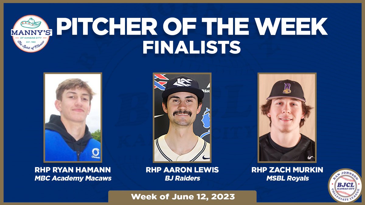 Congrats to our Manny's #BJCL Pitcher of the Week finalists!  

☑️ RHP <a href="/23ryanhamann/">Ryan Hamann</a> (<a href="/RUHawksbaseball/">Rockhurst Baseball</a>) - <a href="/MacawsMbc/">MBC Macaws</a>
☑️ RHP Aaron Lewis (<a href="/KCKbaseball/">KCK Baseball</a>) - <a href="/BJRaiders/">#RaiderNation</a>
☑️ RHP @zachary38141184 (<a href="/Buco_Baseball/">Butler Baseball</a>) -  MSBL Royals

Look for our winner on Sunday...