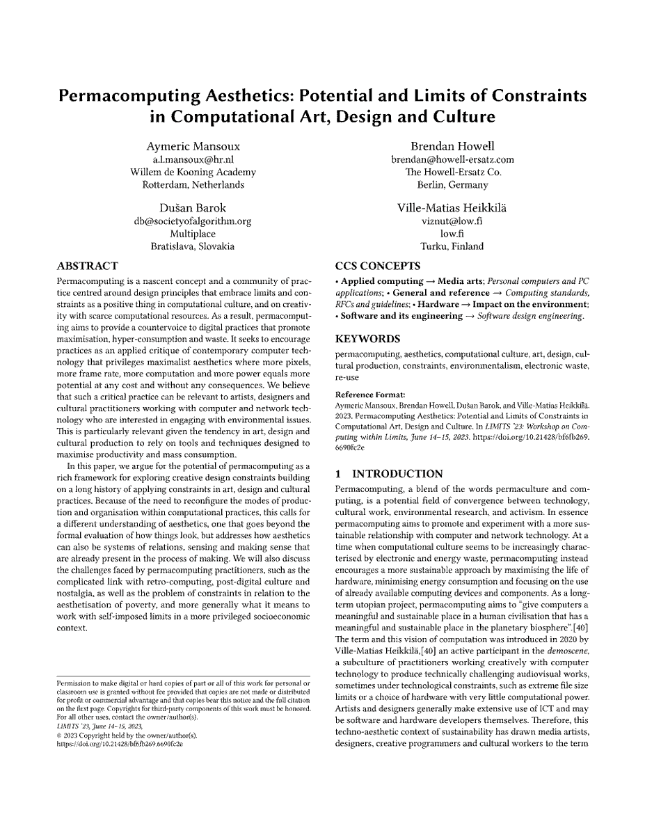 At our #Permacomputing meetup on Sunday (6/18 at 1 p.m. EDT) we’ll be discussing the article ‘Permacomputing Aesthetics: Potential and Limits of Constraints in Computational Art, Design and Culture’ by Mansoux, Howell, Barok, and Heikkilä (2023). limits.pubpub.org/pub/6loh1eqi/r…