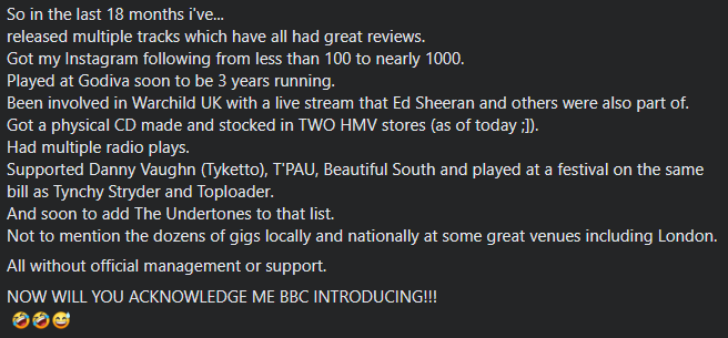 <a href="/bbcintroducing/">BBC Music Introducing</a>  never reply to me 🤣