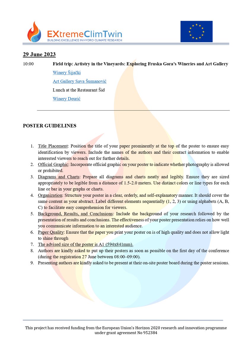 Dear all,
Please find the Final Conference Program - INTERNATIONAL CONFERENCE on HYDRO-CLIMATE EXTREMES and SOCIETY that will be held from the 27th to the 29th of June, 2023 at the Faculty of Sciences, University of Novi Sad, Serbia.
#extremeclimtwin #h2020 #conference #science