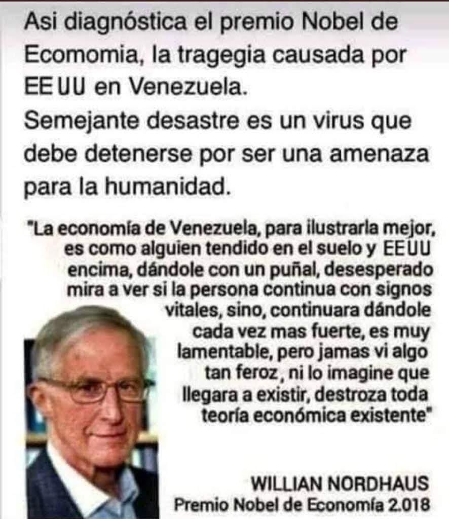Así dijo el premio nobel de economía 2018 sobre lo q han hecho los gringos contra Venezuela 
Lean la cita completa por favor 👇👇
#NoMasAgresiónYankee
