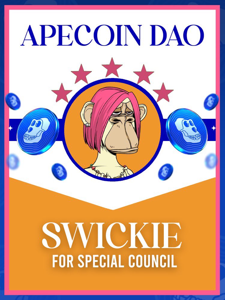 Yat said: empty <a href="/apecoin/">ApeCoin</a> Special Council seat is for A VISIONARY who empowers &amp; tangibly built to uplift people.

That’s me.

My unique creator-builder perspective is not currently repped in the SC &amp; it’s crucial. #Swickie4SC 

VOTE UNTIL 6/21 (6 pm PST) 

snapshot.org/#/apecoin.eth/…
