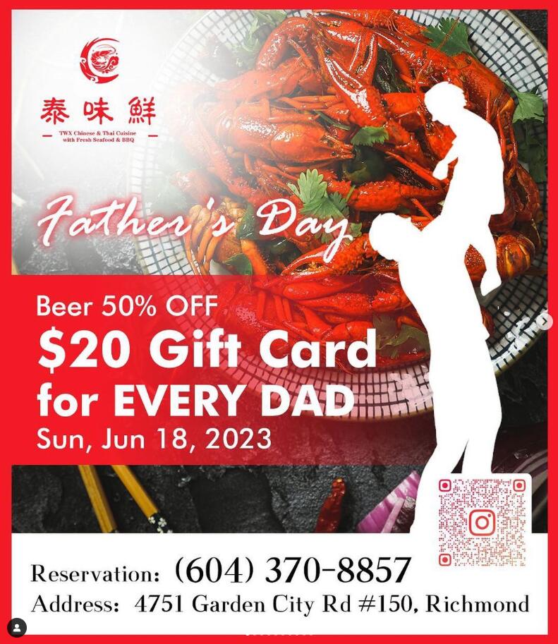 Celebrate Father's Day at TWX Chinese & Thai Cuisine! Join us on June 18th, 2023, for a special Father's Day extravaganza filled with flavors, fun, and fantastic offers!   #RichmondBCEats #TasteOfRichmond #RichmondFood #VancouverFood #RichmondEAT #VancouverEAT #yvrfoodie