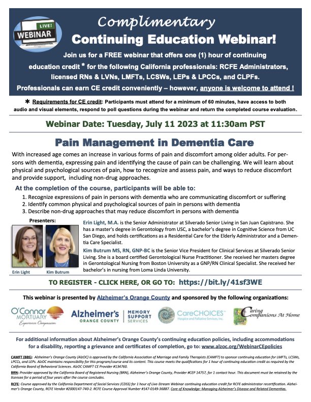 CCAH_Homecare's tweet photo. We're proudly sponsoring another free webinar with @OCAlzheimers! 
https://t.co/0xPvjn7GSx
#DementiaCare #PainManagement #Caregiving #Caregivers https://t.co/tsrbvB40dT
