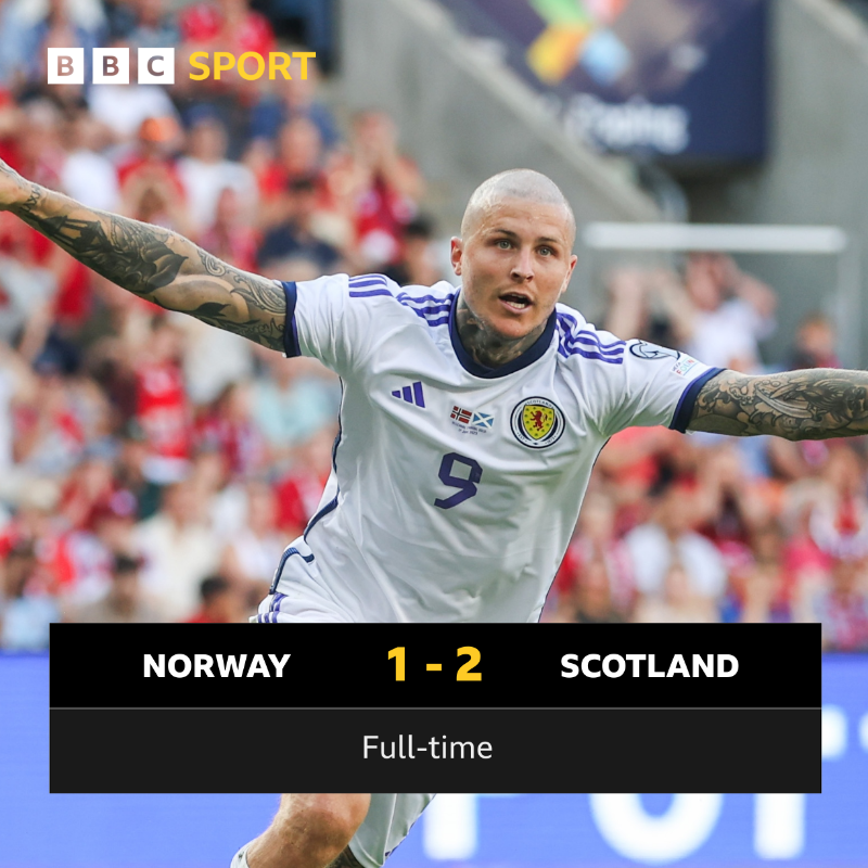 BBCSportScot's tweet photo. Three wins from three for Scotland in Group A!! 🎉 

Erling Haaland must have thought he had won it for Norway with a spot kick, but Lyndon Dykes and Kenny McLean strike late for Scotland.

It's a massive step towards Euro 2024.

🇳🇴 🏴󠁧󠁢󠁳󠁣󠁴󠁿 

#BBCScotland #NORSCO