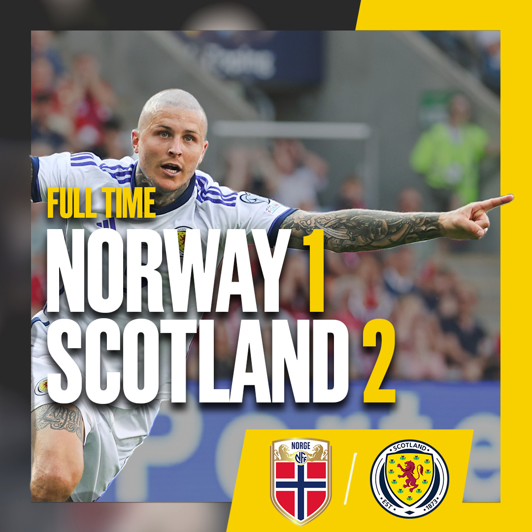 FULL TIME: Norway 1-2 Scotland. Scenes at the end! Two late goals from Lyndon Dykes and Kenny McLean seal the three points in Oslo 🙌 #NORSCO