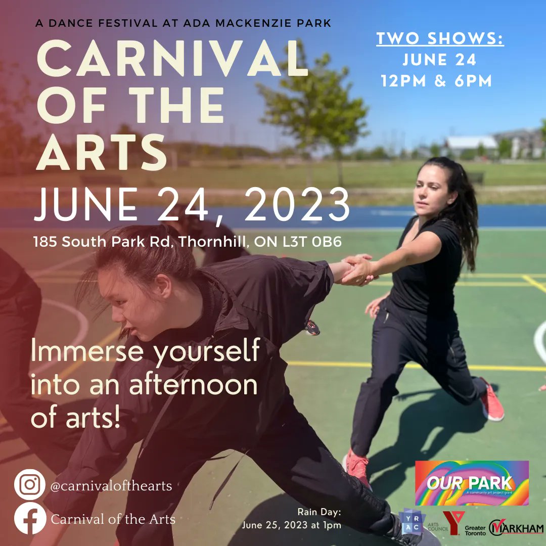 YorkRegionArts's tweet photo. Get ready to immerse yourself in an incredible afternoon of arts! Carnival of the Arts is around the corner and we cannot wait for you to experience it. Taking place June 24 at Ada Mackenzie Park this will be a performance you don't want to miss. https://t.co/d7FyM9XU9B
#YRArts https://t.co/LSfFo2uYzj