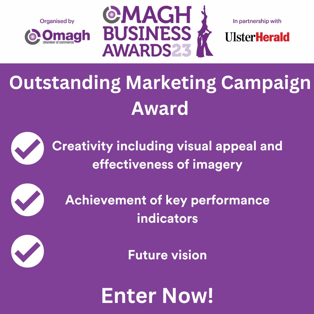 Outstanding Marketing Campaign

The Omagh Business Awards are organised by <a href="/OmaghChamber/">Omagh Chamber of Commerce and Industry</a> and <a href="/we_are_tyrone/">WeAreTyrone</a> 

Enter now👉 ow.ly/UC3E50OLGNL

#ThePeopleBehindTheNews #OBA23 #BusinessAwards #Events #LocalMedia #LocalBusiness