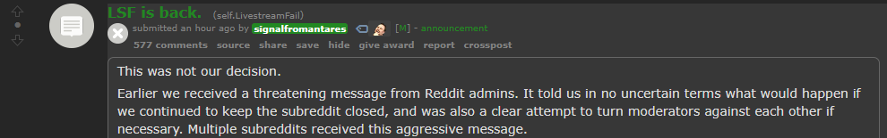 What the fuck? Are reddit admins sending threats? #RedditBlackout