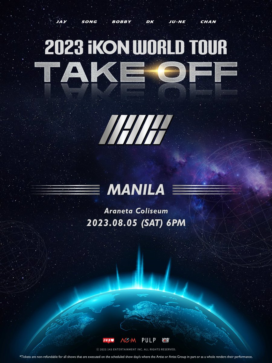 Put your jackets on coz we're bringing the party to you, PH iKONICS! 
iKON is taking off to MANILA for 2023 iKON WORLD TOUR' TAKE OFF on August 5 at <a href="/TheBigDome/">SmartAranetaColiseum</a>! It's gonna be a thrilling roller coaster ride of fun and excitement! Don't miss out on the party!
#iKONinMANILA2023