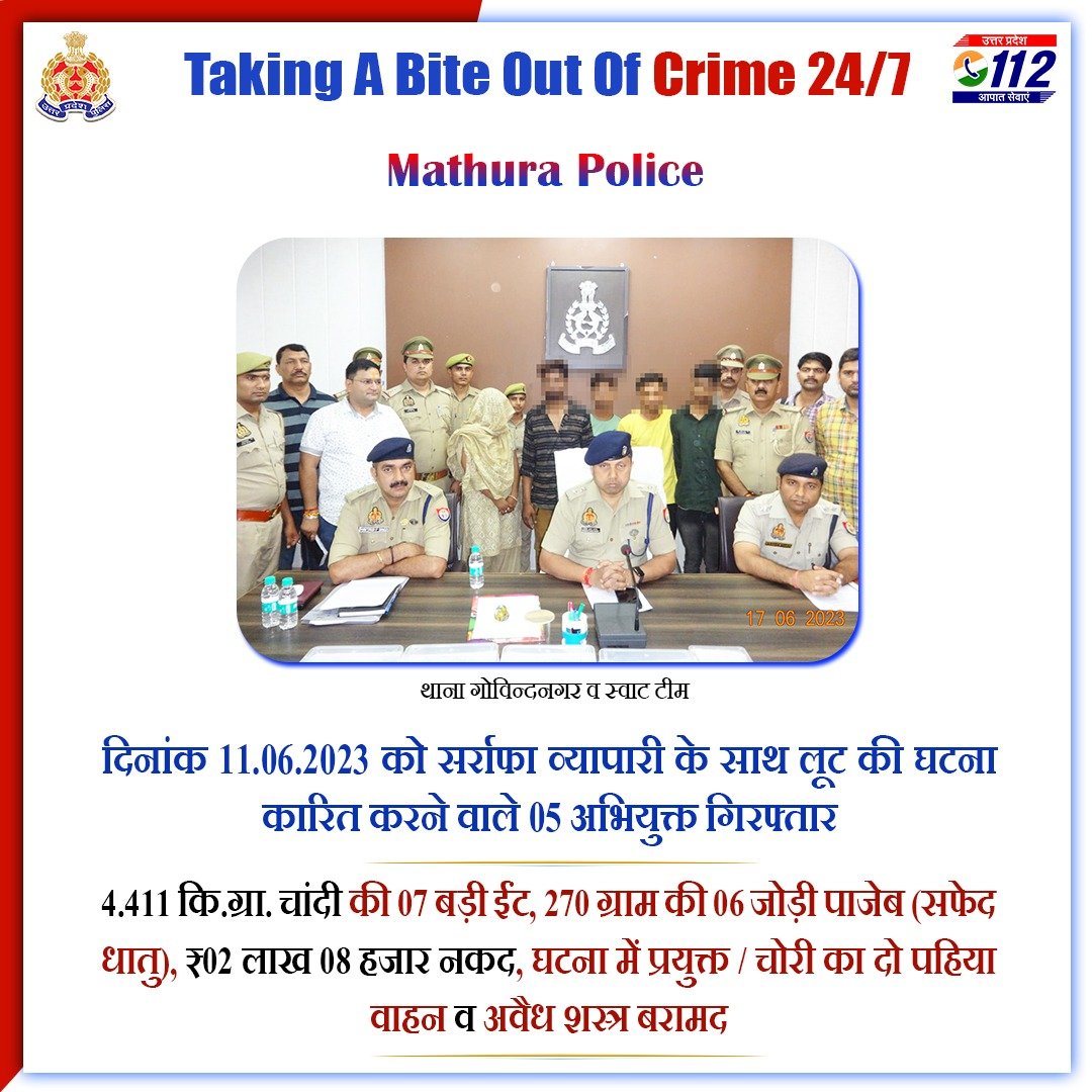 Zero Tolerance Against Crime - सर्राफा व्यापारी के साथ दिन दहाड़े हुई लूट की घटना का @mathurapolice द्वारा अनावरण कर 05 अभियुक्तों को गिरफ्तार करते हुए उनके कब्जे से लूट का शत प्रतिशत माल बरामद किया गया है। #WellDoneCops #GoodWorkUPP