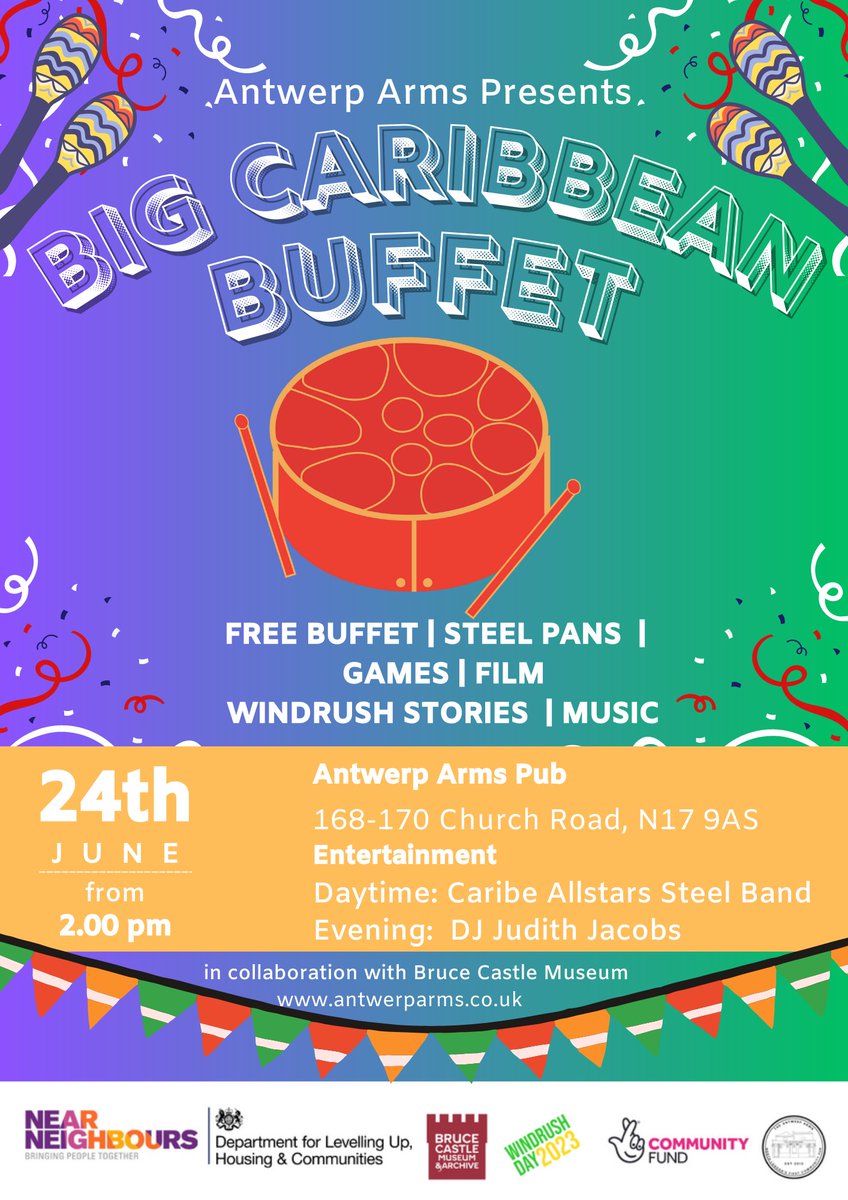 AntwerpArmsAsoc's tweet photo. We will be co-hosting Our Caribbean Corner in Tottenham - Community and Cultural Day with @BruceCastleMus on Saturday 24th June. Come for a taste of Caribbean from 2.00 pm, live music from Caribe Allstars Steel Band, stories, film and DJ Judith Jacobs into the evening. https://t.co/Y4YiITl6YD