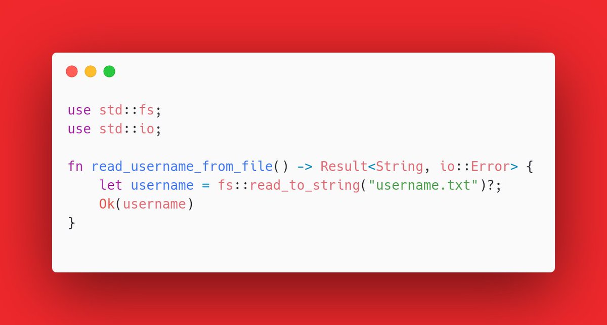 SonuBardai's tweet image. Did you know that in #Rust, you can use the ? operator to propagate errors and make error handling a breeze? 

In this example, if fs::read_to_string fails, the error is returned. If it succeeds, the result is unwrapped and stored in username.

#Rustaceans #RustProgramming #code