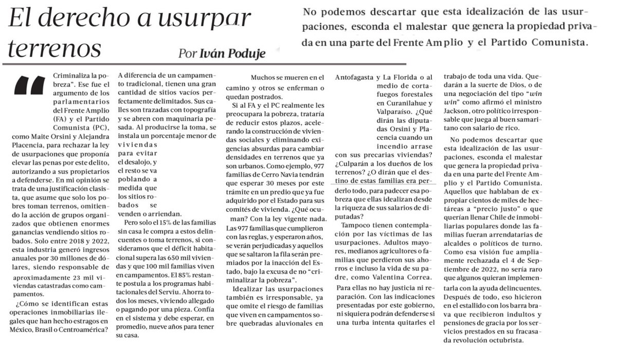 Con el rechazo a la ley de usurpaciones, el gobierno vuelve a tomar partido por los violentos

Beneficia a mafias que se toman terrenos y perjudica a familias que cumplen las reglas y postulan al Serviu,

Columna quincenal de <a href="/latercera/">La Tercera</a> 

latercera.com/la-tercera-sab…