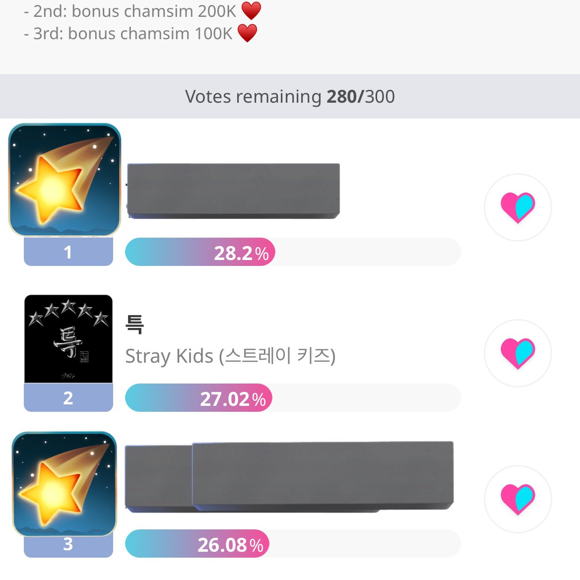 STOPE VOTING ON IDOLCHAMP DAILY CHART‼️‼️

222k votes that should’ve gone to the SHOW CHAMPION PRE-VOTE, we need to win with a large gap to get skz their 1st TRIPLE CROWN, pls vote in the right place

we beat the same fans in mucore prevote with 12M, we need to beat them here too