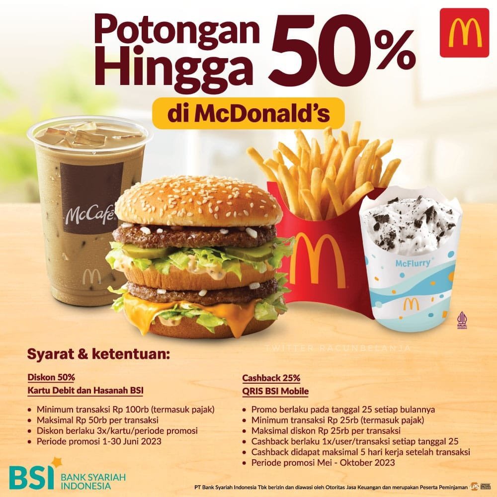rosemnia's tweet photo. Hari ini aku beli beberapa menu mcd untuk 6 orang dewasa pakai promo bank bsi yang diskon 50% s.d. 50rb. Alhamdulilah dari harga Rp211.500 menjadi harga Rp111.500. Terima kasih banyak Allah SWT, @McDonalds_ID dan @bankbsi_id ❤️
#Promo #Diskon #Diskon50% https://t.co/zjc3zBvE9G