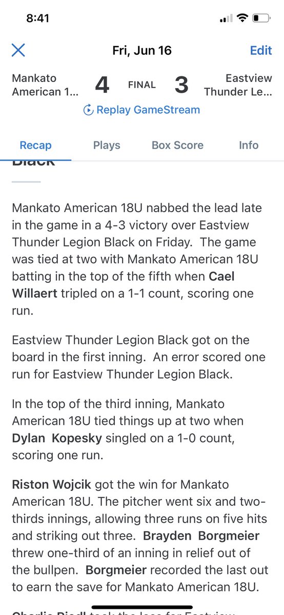 @KatoAmericanLegionBaseball (@katoamericanle1) on Twitter photo Great game played last night with two very good teams. <a href="/eastviewlegion1/">Eastview Thunder Legion Baseball (Post 1776)</a> Good guys come out on top 4-3 to improve the season record to 4-0. Great game played last night with two very good teams. <a href="/eastviewlegion1/">Eastview Thunder Legion Baseball (Post 1776)</a> Good guys come out on top 4-3 to improve the season record to 4-0.